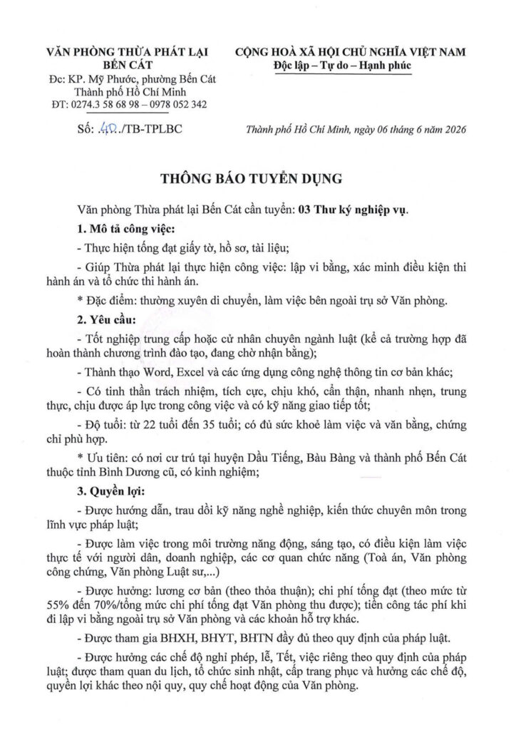 Văn phòng thi hành án dân sự Công ty hợp danh Bến Cát